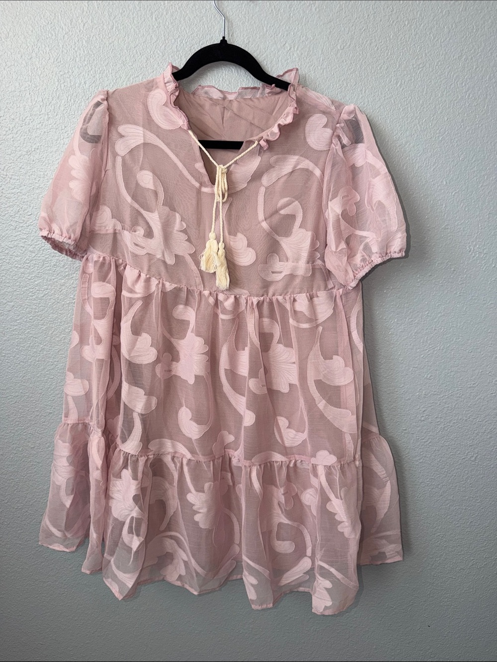 Women’s Pink Floral Sheer Tiered Dress with Tassel Tie